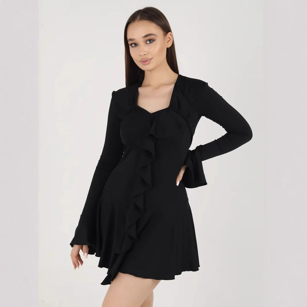 Women’s Mini Dress – Slim Fit – V-Neck – Ruffle Front – Bell Sleeves – Flared Skirt by Lumina Vancouver