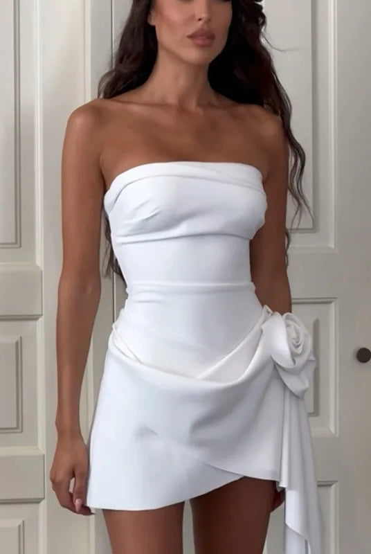 Women’s Strapless Mini Dress – Fitted Bodice – Asymmetrical Hem – Rose Detail by Lumina Vancouver