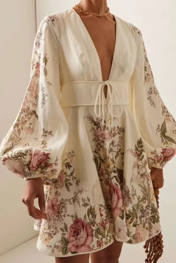 Women's Floral Dress - V-Neck - Cinched Waist Tie - Long Balloon Sleeves - Mini Length by Lumina Vancouver