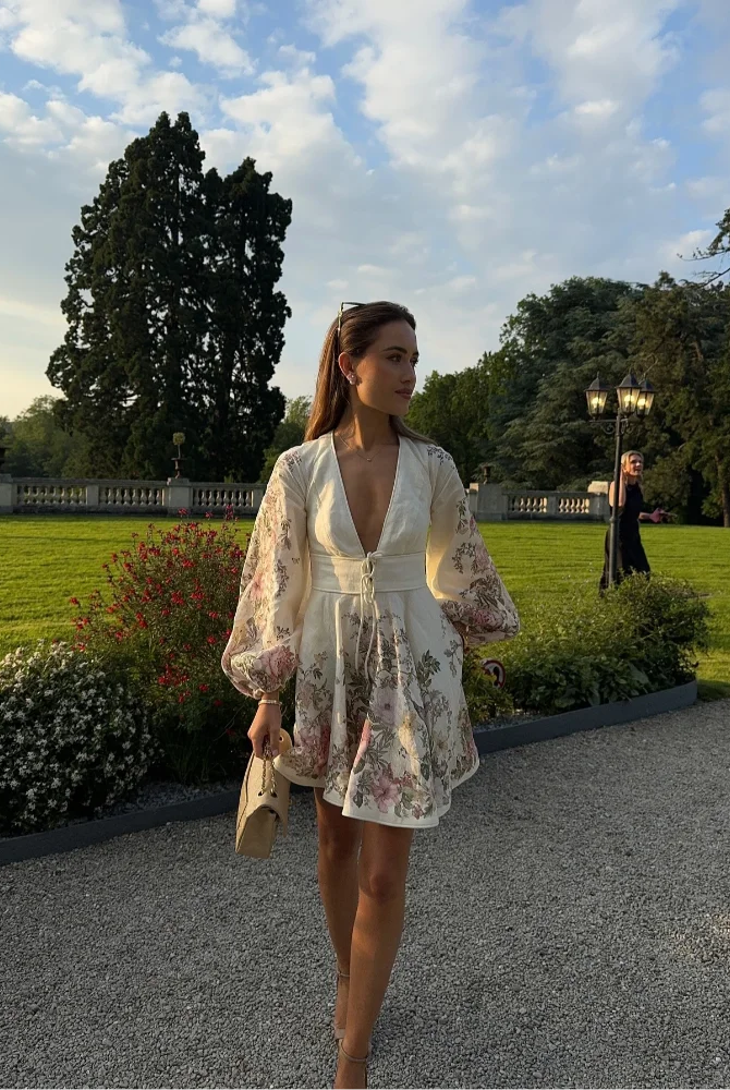 Women's Floral Dress - V-Neck - Cinched Waist Tie - Long Balloon Sleeves - Mini Length by Lumina Vancouver