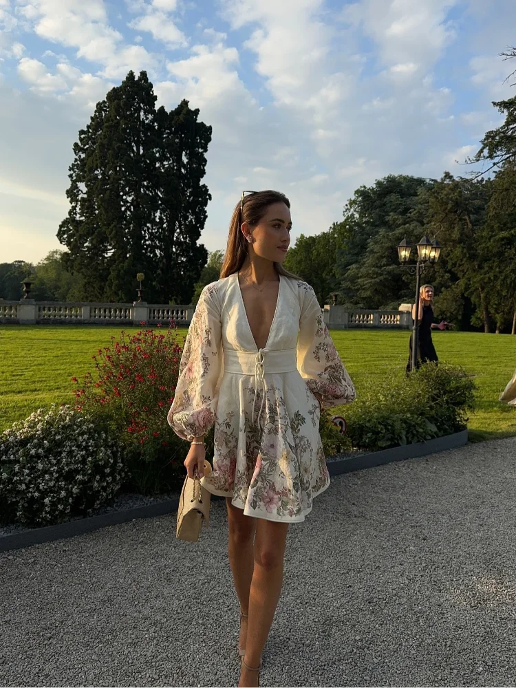 Women's Floral Dress - V-Neck - Cinched Waist Tie - Long Balloon Sleeves - Mini Length by Lumina Vancouver