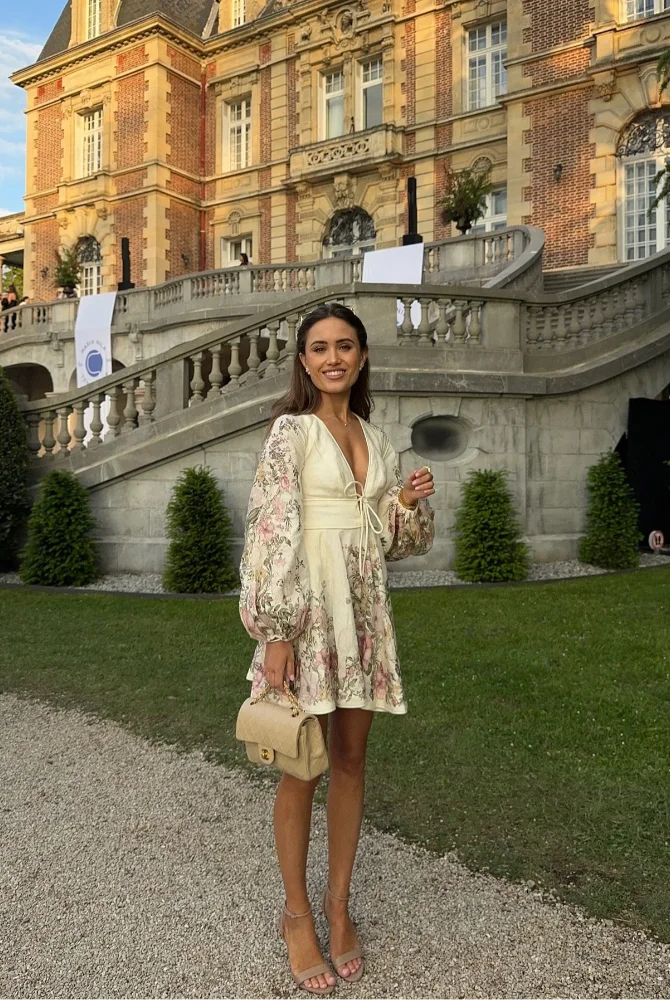 Women's Floral Dress - V-Neck - Cinched Waist Tie - Long Balloon Sleeves - Mini Length by Lumina Vancouver