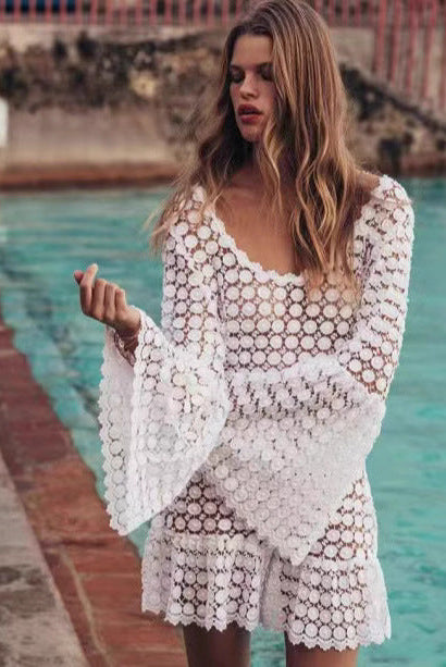 Women’s Beach Cover-Up Dress – Crochet Knit – Flowy Fit – Bell Sleeves – Mini Length by Lumina Vancouver
