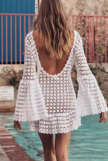 Women’s Beach Cover-Up Dress – Crochet Knit – Flowy Fit – Bell Sleeves – Mini Length by Lumina Vancouver
