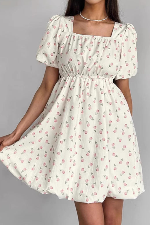 Women’s A-Line Dress – Square Neck – Puff Sleeves – Floral Mini – Fitted Waist by Lumina Vancouver