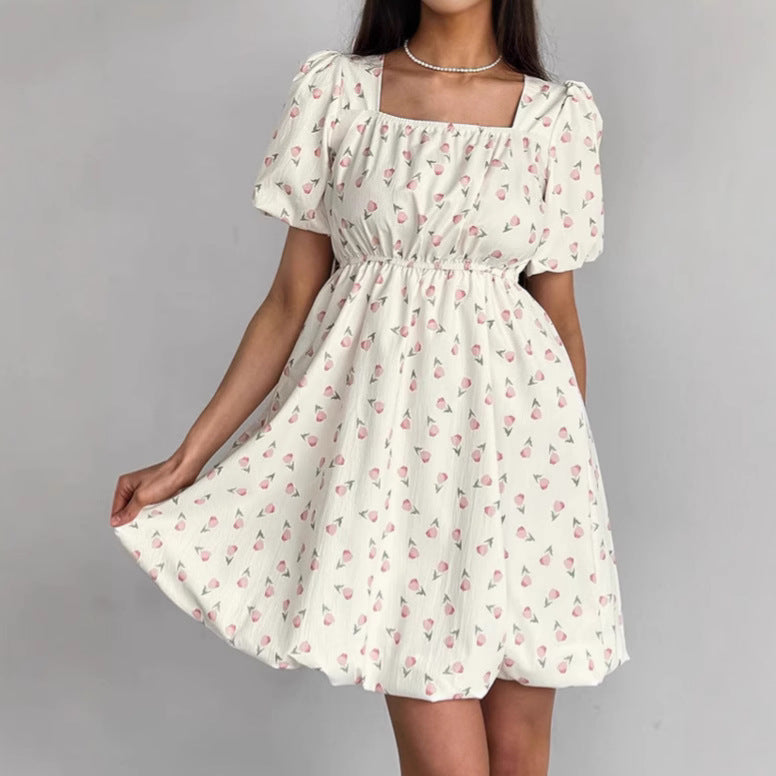 Women’s A-Line Dress – Square Neck – Puff Sleeves – Floral Mini – Fitted Waist by Lumina Vancouver
