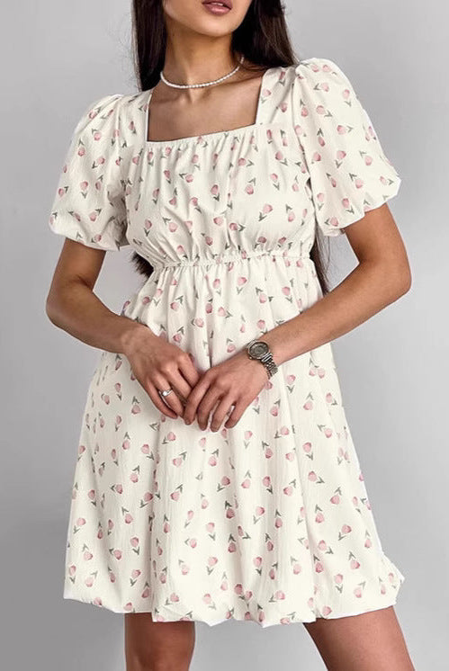 Women’s A-Line Dress – Square Neck – Puff Sleeves – Floral Mini – Fitted Waist by Lumina Vancouver