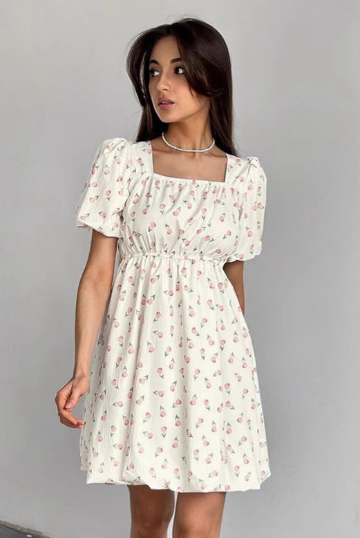 Women’s A-Line Dress – Square Neck – Puff Sleeves – Floral Mini – Fitted Waist by Lumina Vancouver