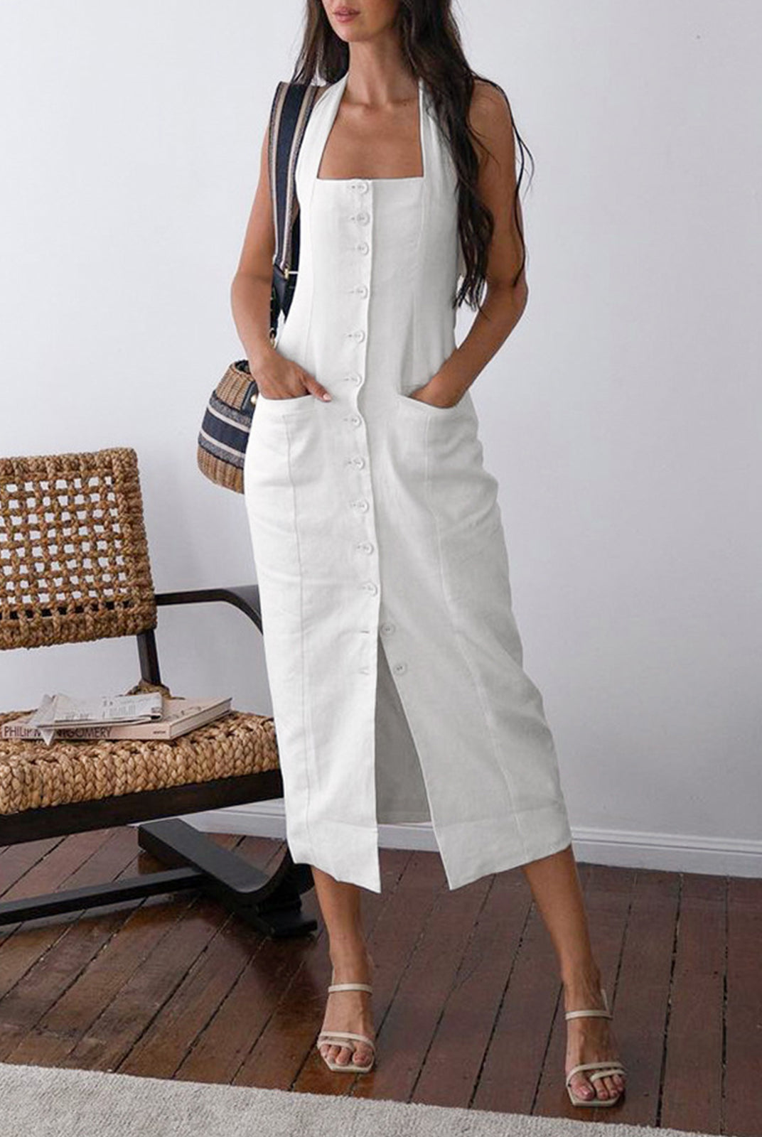 Women's Halter Neck Maxi Dress - Sleeveless Button-Down - Side Slit Elegant Fit by Lumina Vancouver