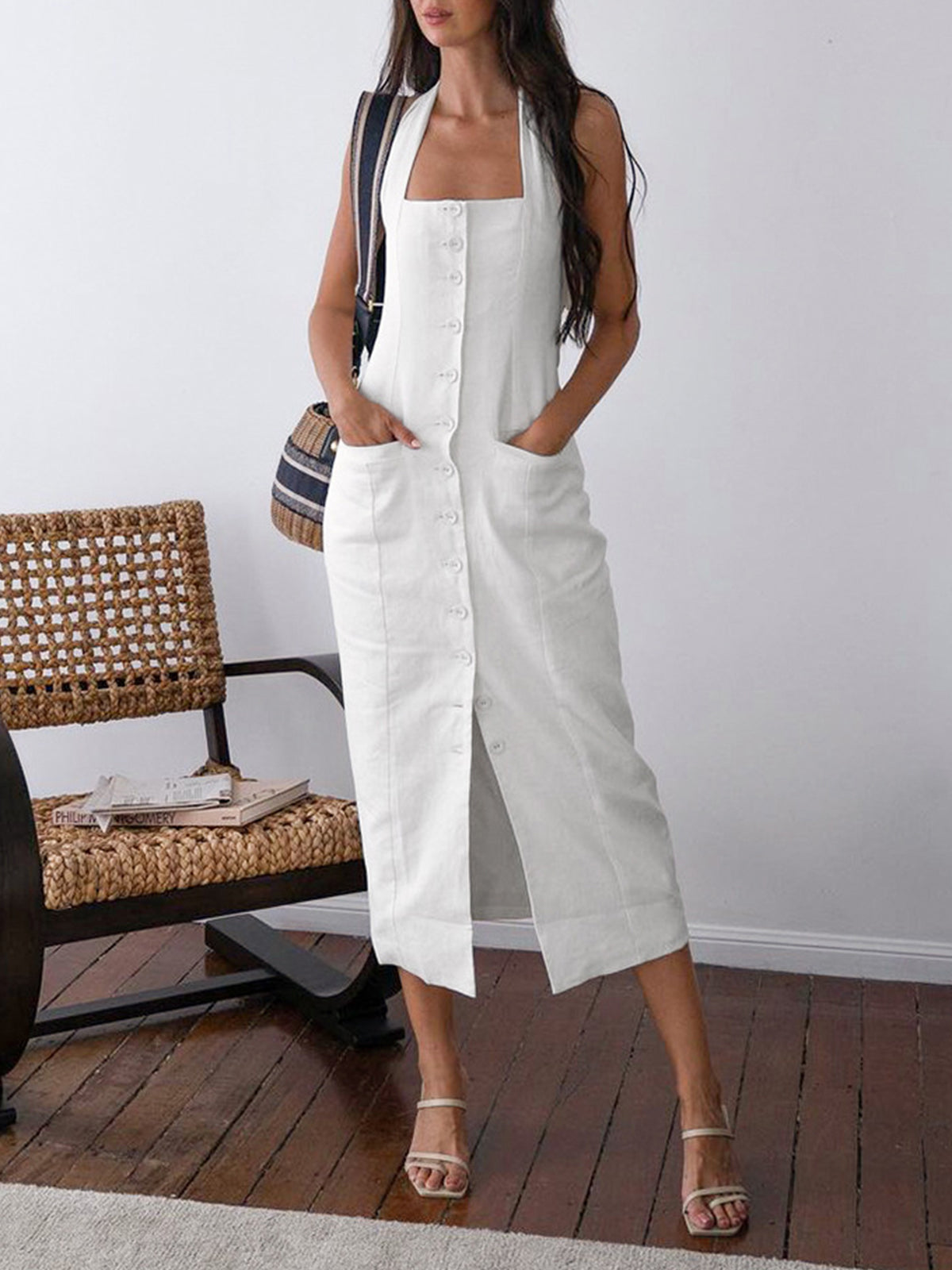 Women's Halter Neck Maxi Dress - Sleeveless Button-Down - Side Slit Elegant Fit by Lumina Vancouver