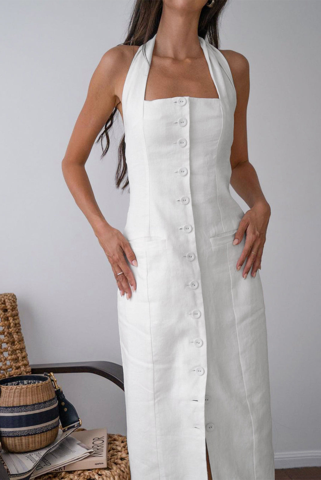 Women's Halter Neck Maxi Dress - Sleeveless Button-Down - Side Slit Elegant Fit by Lumina Vancouver