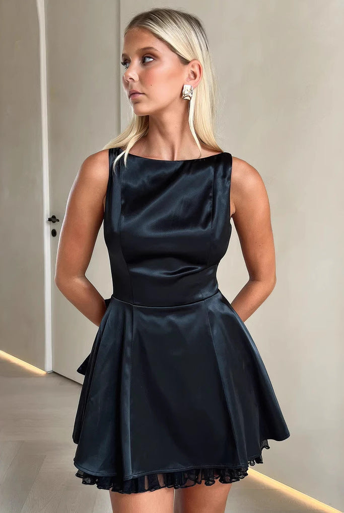 Women’s Mini Dress – Satin Finish – Fitted Bodice – A-Line – Spaghetti Straps by Lumina Vancouver