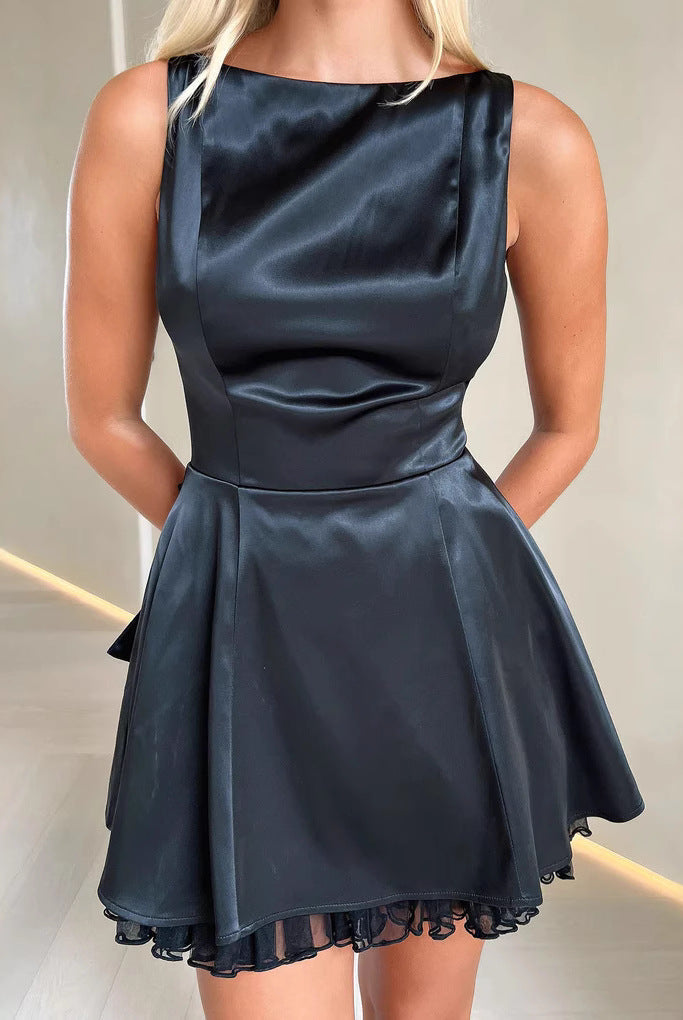 Women’s Mini Dress – Satin Finish – Fitted Bodice – A-Line – Spaghetti Straps by Lumina Vancouver