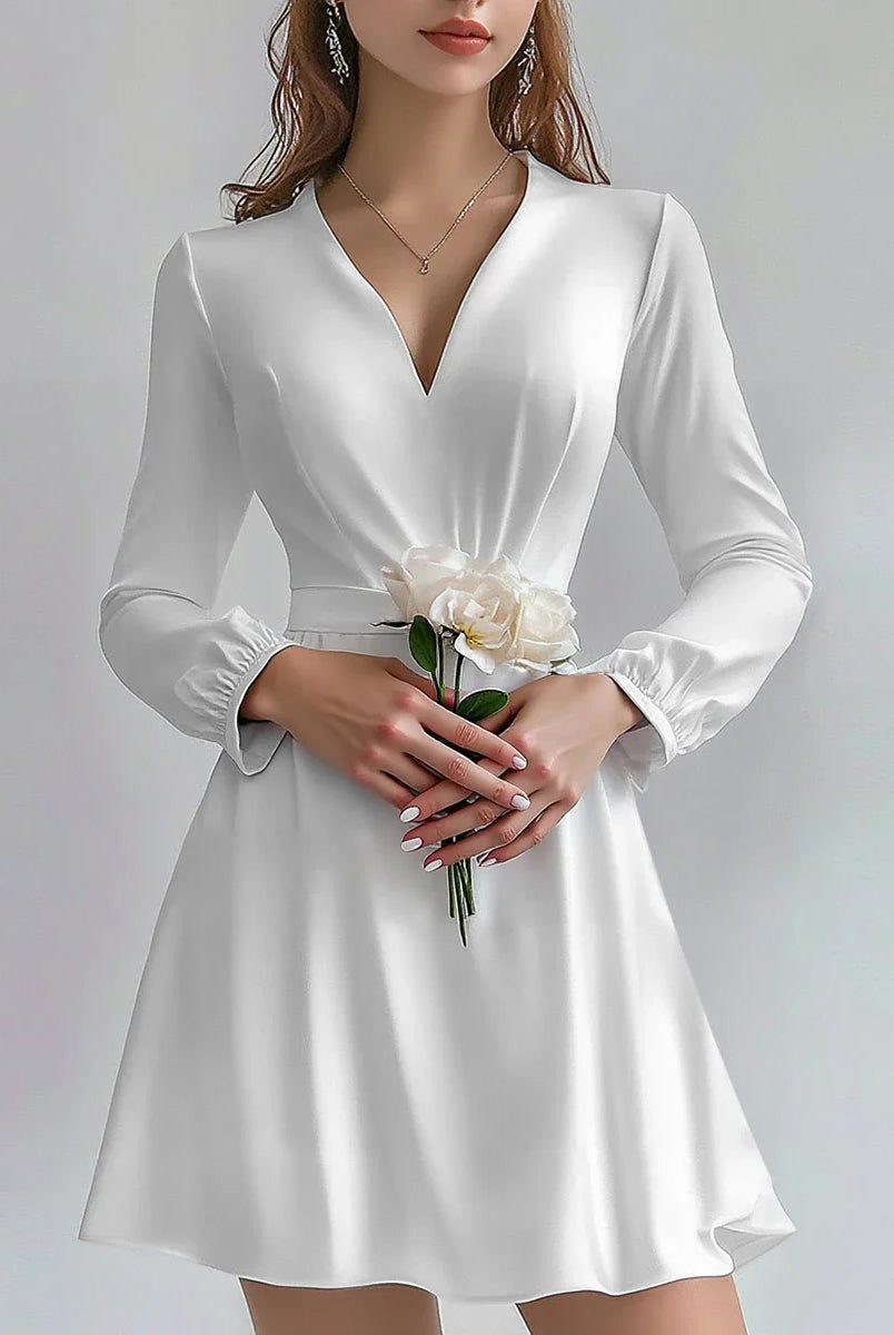 Women’s Mini Dress – Satin A-Line – Deep V-Neck – Long Sleeve – Ruched Waist by Lumina Vancouver