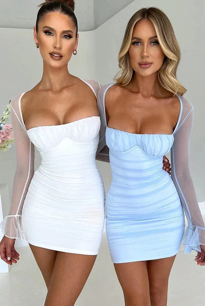 Women's Mini Dress - Bodycon Fit - Sweetheart Neckline - Sheer Long Sleeves - Ruched Design by Lumina Vancouver