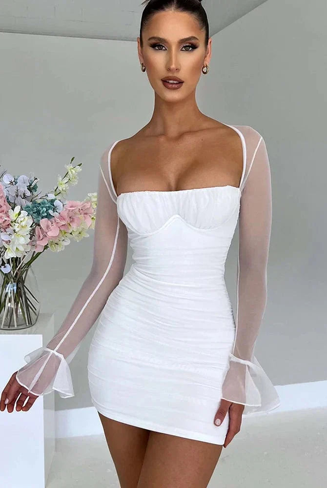 Women's Mini Dress - Bodycon Fit - Sweetheart Neckline - Sheer Long Sleeves - Ruched Design by Lumina Vancouver