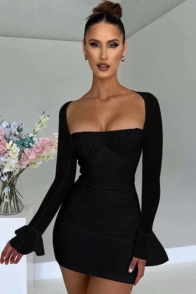Women's Mini Dress - Bodycon Fit - Sweetheart Neckline - Sheer Long Sleeves - Ruched Design by Lumina Vancouver