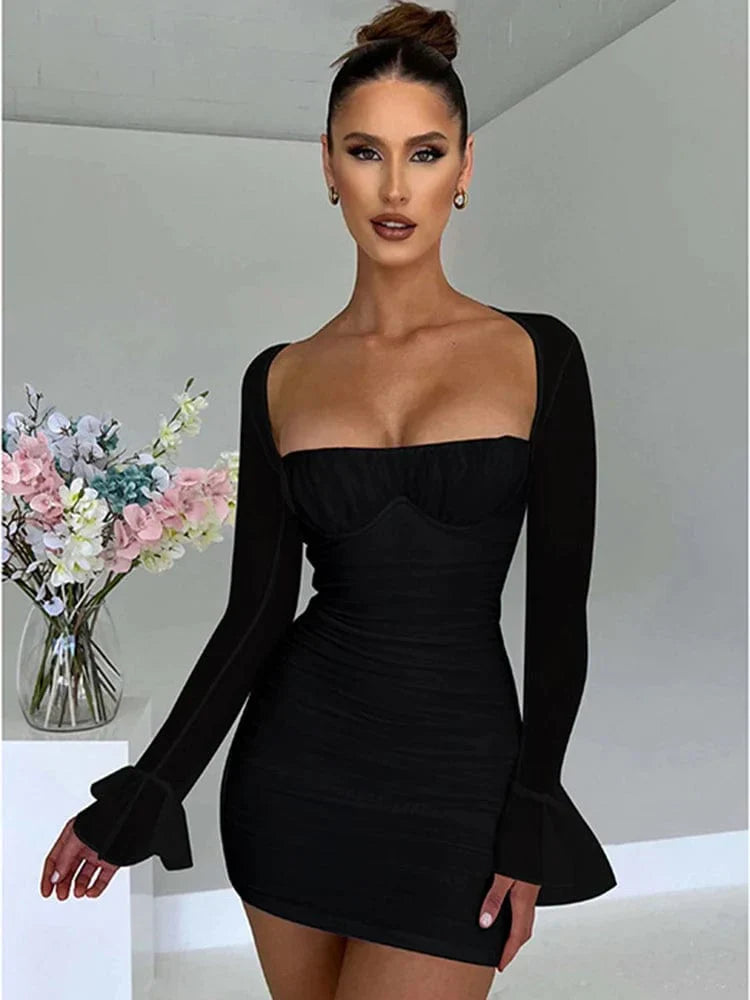 Women's Mini Dress - Bodycon Fit - Sweetheart Neckline - Sheer Long Sleeves - Ruched Design by Lumina Vancouver