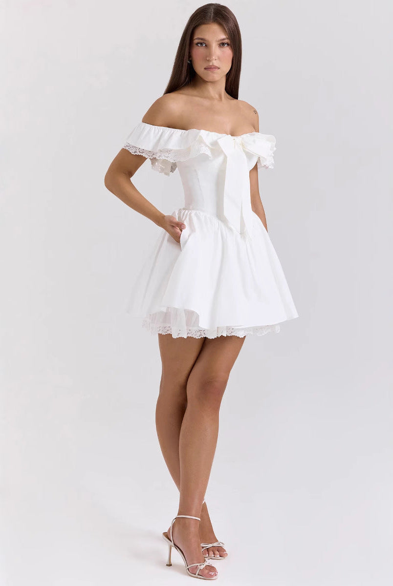 Women’s Off-Shoulder Dress – A-Line Fit – Ruffled Neckline – Lace Trim – Bow Front by Lumina Vancouver