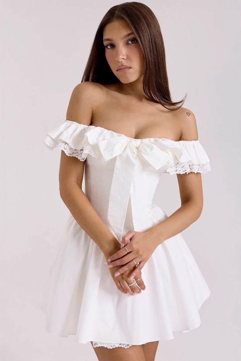 Women’s Off-Shoulder Dress – A-Line Fit – Ruffled Neckline – Lace Trim – Bow Front by Lumina Vancouver
