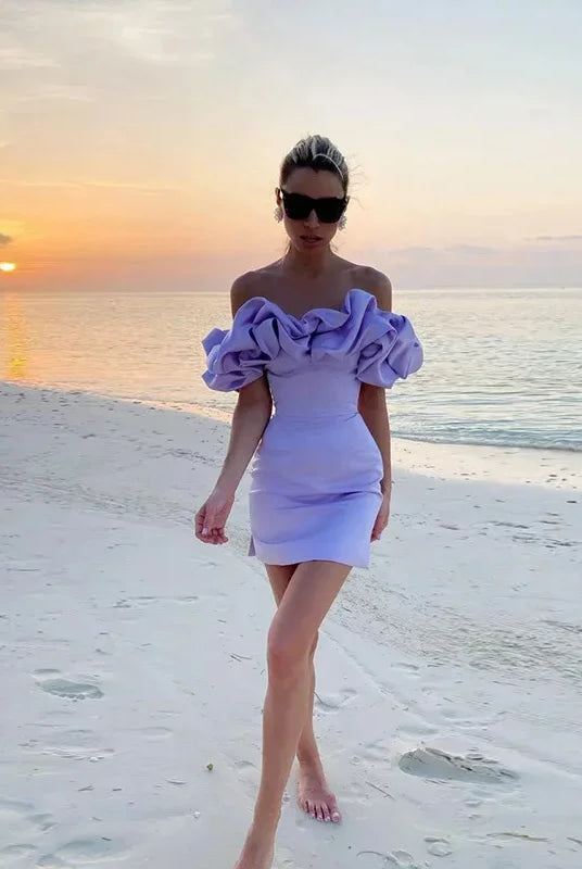 Women’s Mini Dress – Satin Fabric – Tailored Fit – Off-Shoulder Ruffle Sleeves by Lumina Vancouver