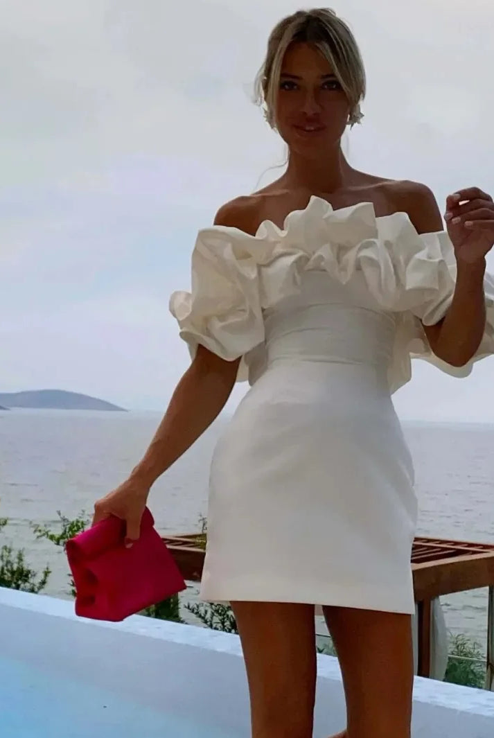 Women’s Mini Dress – Satin Fabric – Tailored Fit – Off-Shoulder Ruffle Sleeves by Lumina Vancouver