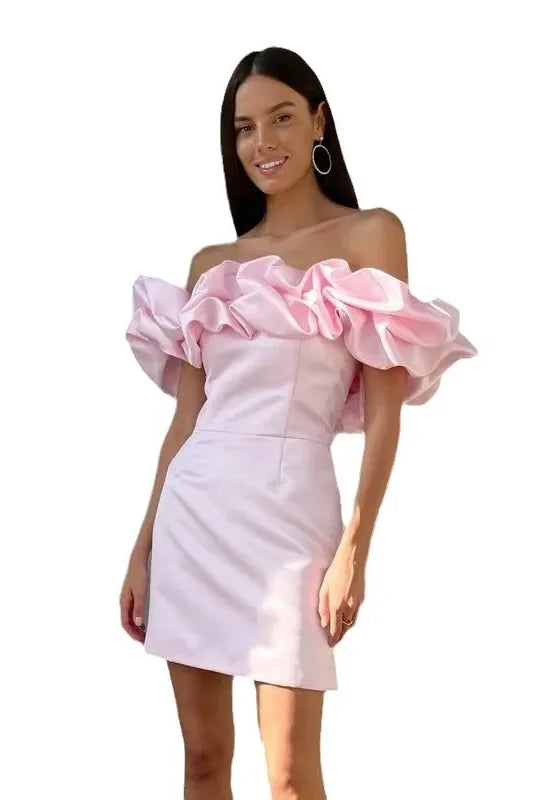 Women’s Mini Dress – Satin Fabric – Tailored Fit – Off-Shoulder Ruffle Sleeves by Lumina Vancouver