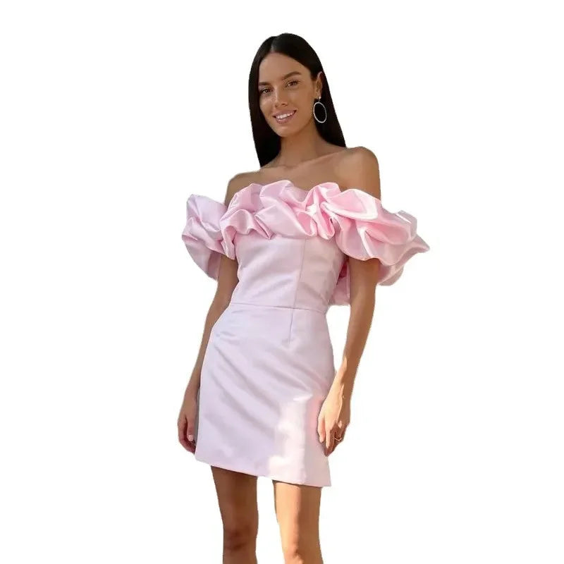 Women’s Mini Dress – Satin Fabric – Tailored Fit – Off-Shoulder Ruffle Sleeves by Lumina Vancouver