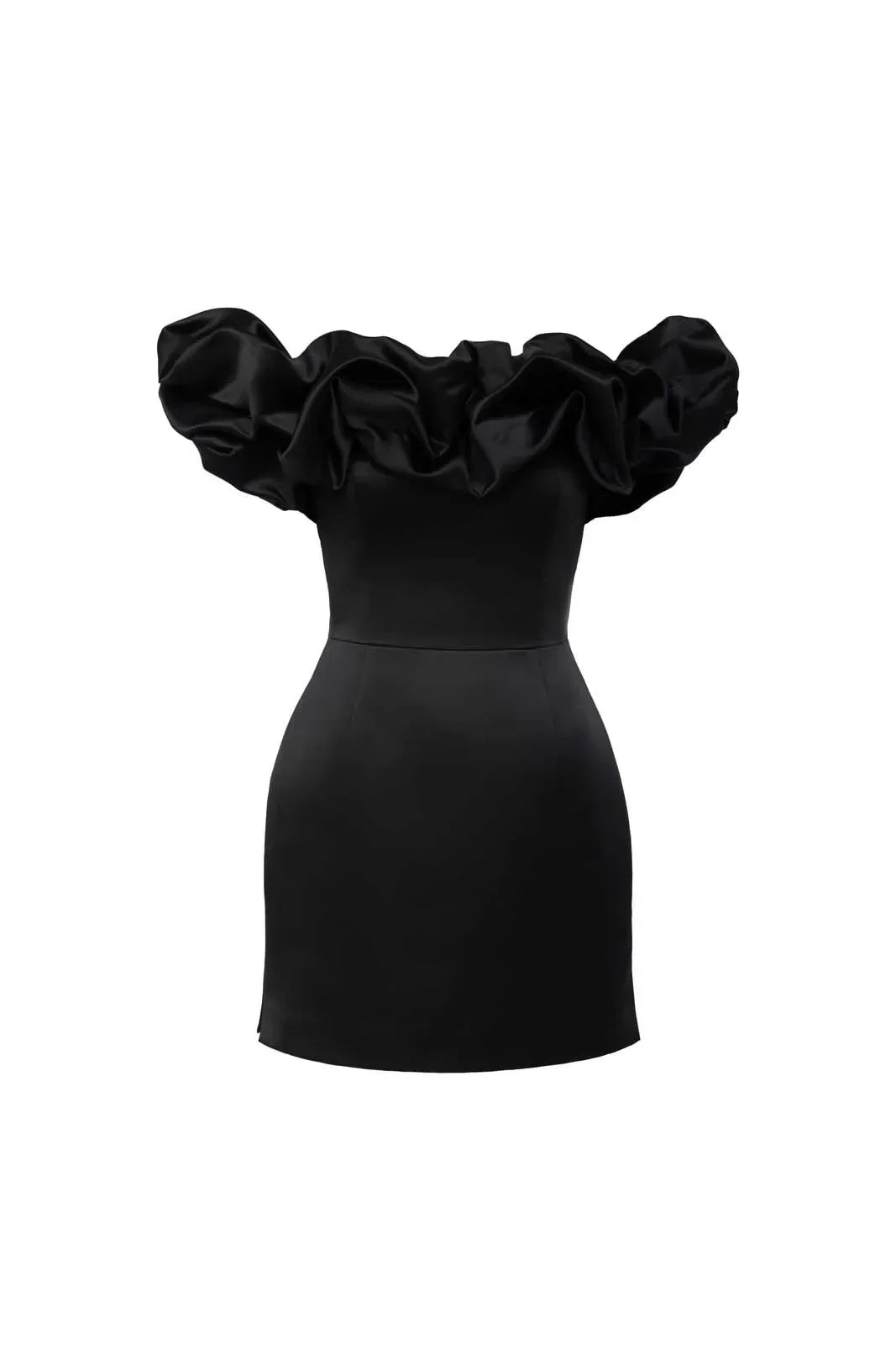 Women’s Mini Dress – Satin Fabric – Tailored Fit – Off-Shoulder Ruffle Sleeves by Lumina Vancouver