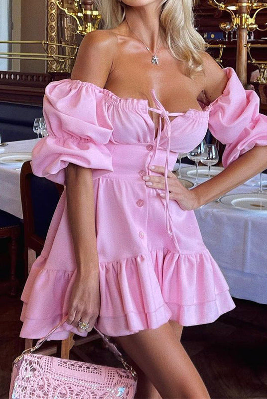 Women’s Mini Dress – Slim Fit – Off-Shoulder – Puff Sleeve – Tiered Skirt – Button Front by Lumina Vancouver