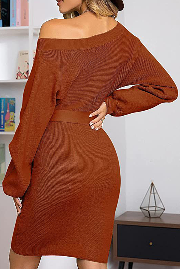 Women's Knit Sweater Dress - Ribbed Texture - Long Sleeve - Self-Tie Waist Belt by Lumina Vancouver