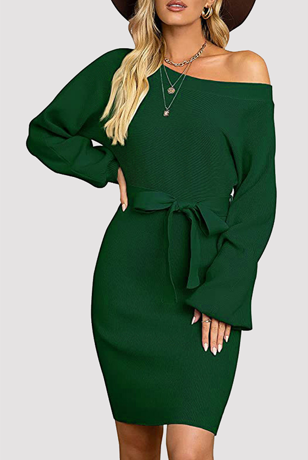 Women's Knit Sweater Dress - Ribbed Texture - Long Sleeve - Self-Tie Waist Belt by Lumina Vancouver