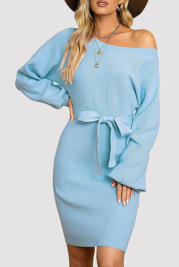 Women's Knit Sweater Dress - Ribbed Texture - Long Sleeve - Self-Tie Waist Belt by Lumina Vancouver