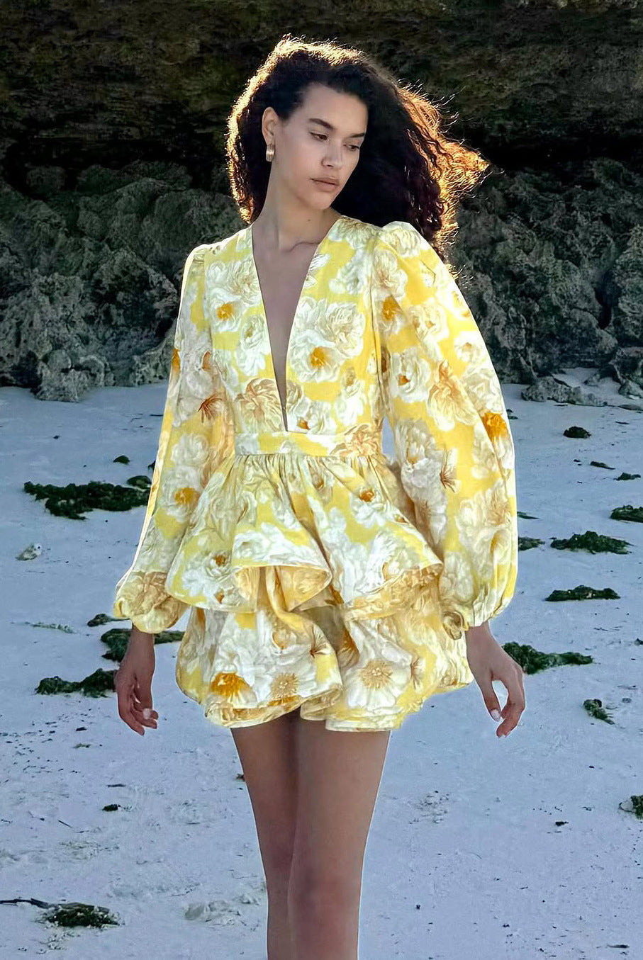 Women’s Mini Dress – Floral Print – Deep V-Neck – Tiered Skirt – Long Balloon Sleeve by Lumina Vancouver