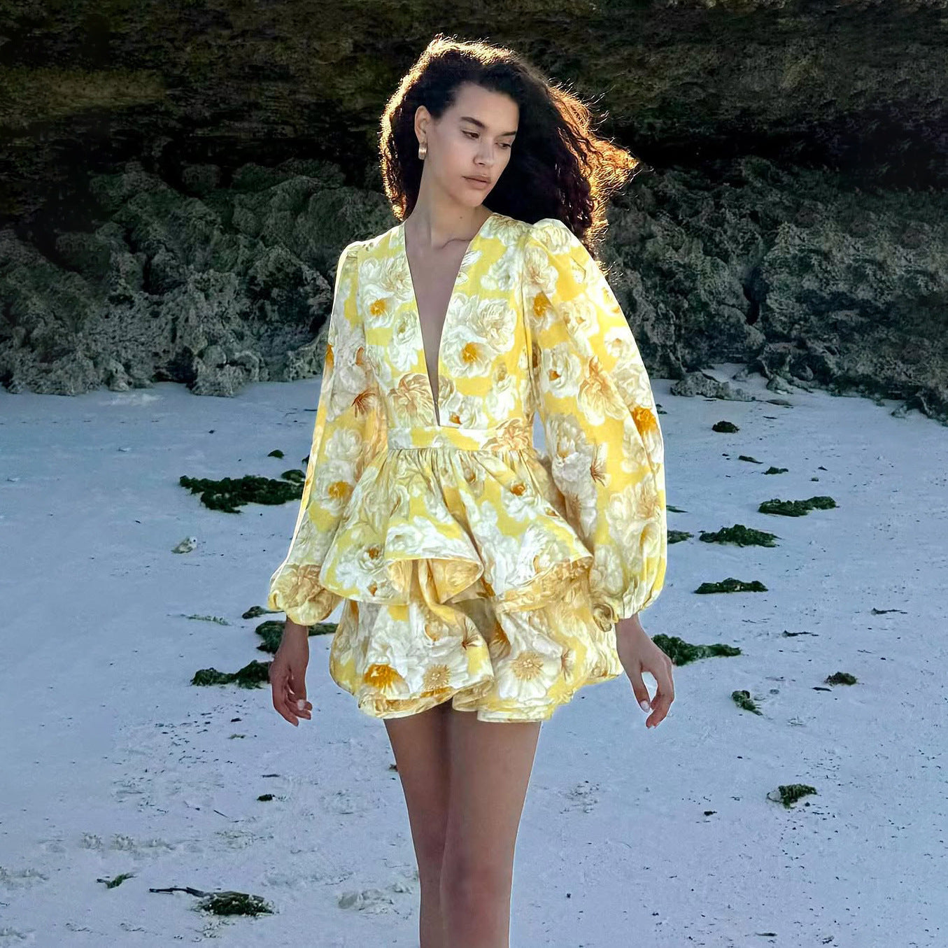 Women’s Mini Dress – Floral Print – Deep V-Neck – Tiered Skirt – Long Balloon Sleeve by Lumina Vancouver