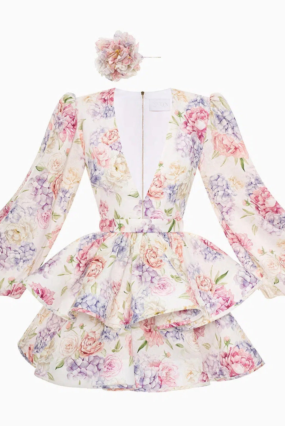 Women’s Mini Dress – Floral Print – Deep V-Neck – Tiered Skirt – Long Balloon Sleeve by Lumina Vancouver