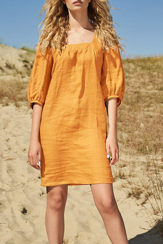 Women's Dress - Square Neck - Puff Sleeve - Knee Length Loose Fit Casual Wear by Lumina Vancouver