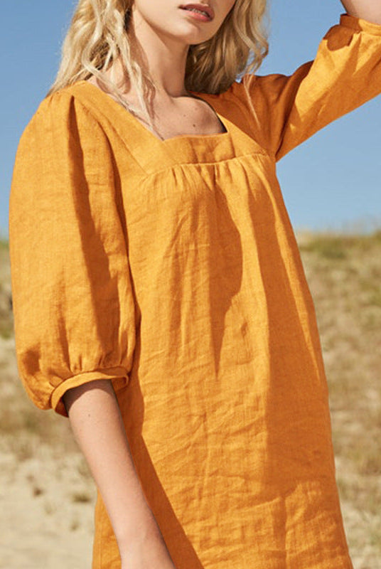 Women's Dress - Square Neck - Puff Sleeve - Knee Length Loose Fit Casual Wear by Lumina Vancouver