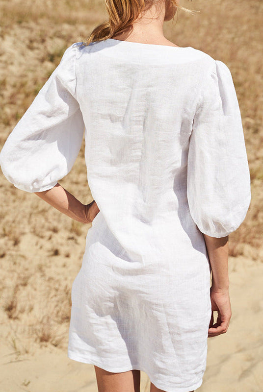 Women's Dress - Square Neck - Puff Sleeve - Knee Length Loose Fit Casual Wear by Lumina Vancouver