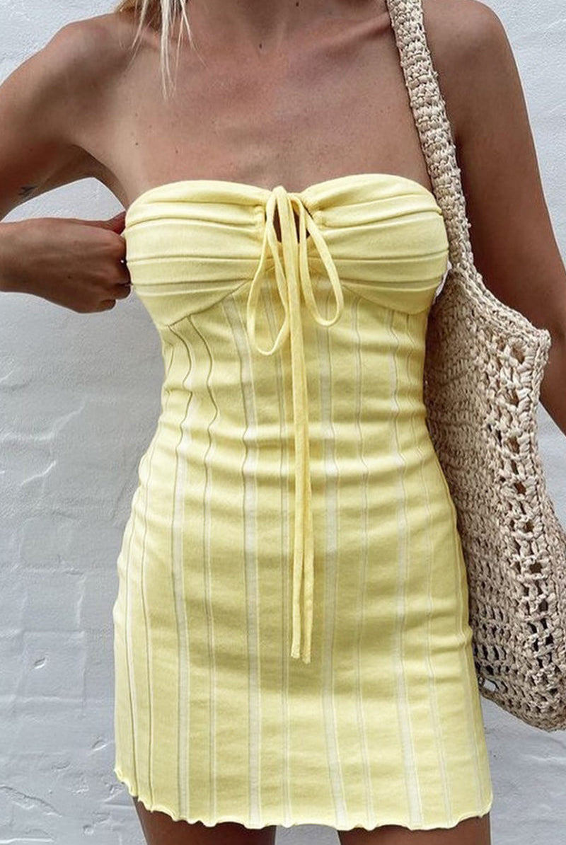 Women's Strapless Mini Dress - Ribbed Texture - Ruched Bust with Drawstring - Stretch Fit by Lumina Vancouver