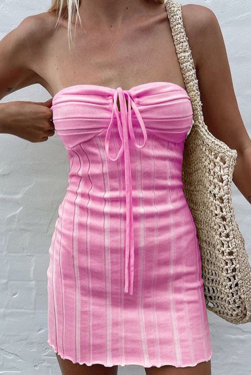 Women's Strapless Mini Dress - Ribbed Texture - Ruched Bust with Drawstring - Stretch Fit by Lumina Vancouver