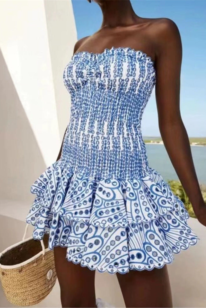 Women's Strapless Mini Dress - Shirred Bodice - Sweetheart Neckline - Ruffled Hem by Lumina Vancouver