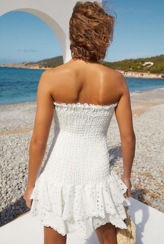 Women's Strapless Mini Dress - Shirred Bodice - Sweetheart Neckline - Ruffled Hem by Lumina Vancouver