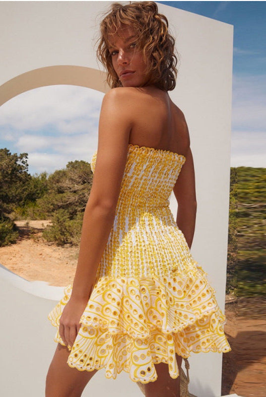 Women's Strapless Mini Dress - Shirred Bodice - Sweetheart Neckline - Ruffled Hem by Lumina Vancouver