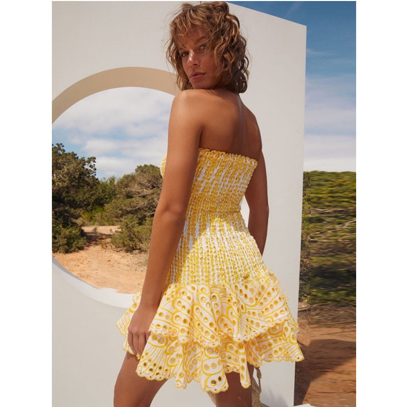 Women's Strapless Mini Dress - Shirred Bodice - Sweetheart Neckline - Ruffled Hem by Lumina Vancouver