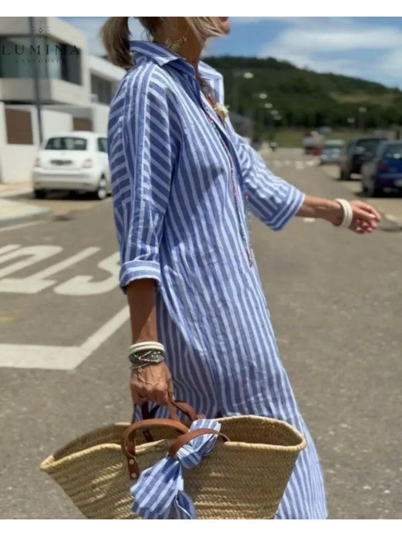 Colen - Classic Stripped Lace Shirt Dress