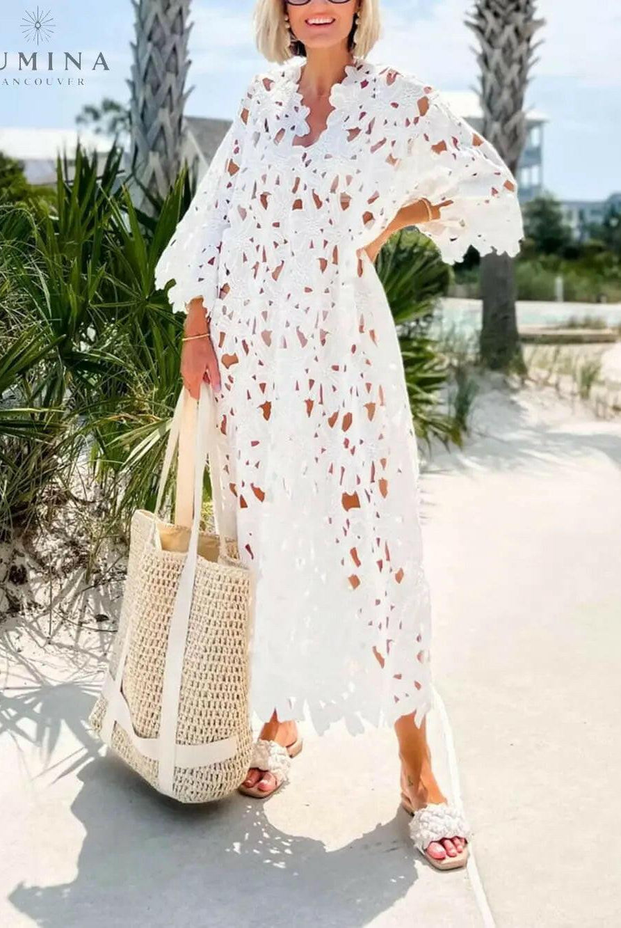 Raquel - Floral Eyelet Long Sleeve Midi Dress