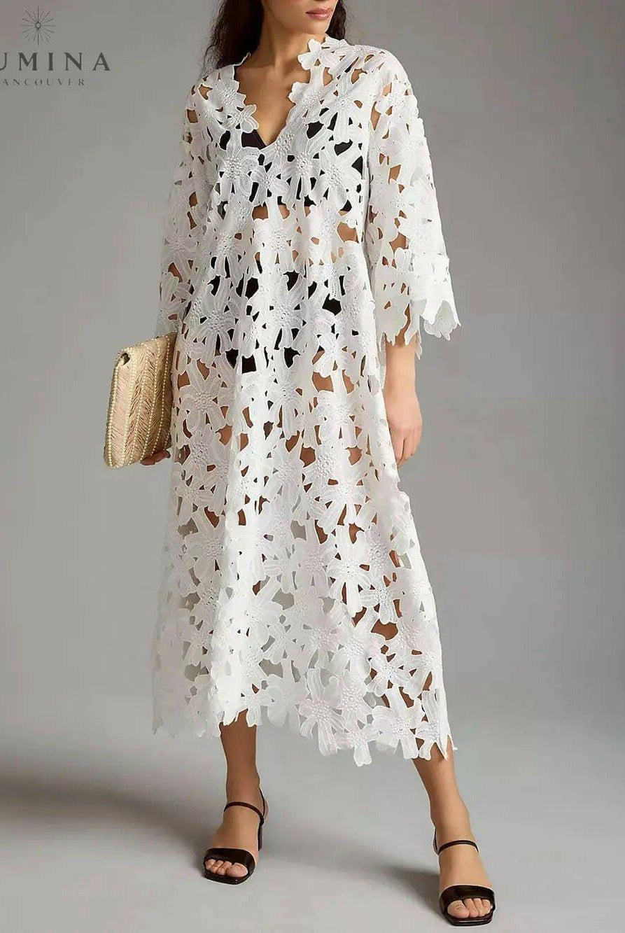 Raquel - Floral Eyelet Long Sleeve Midi Dress