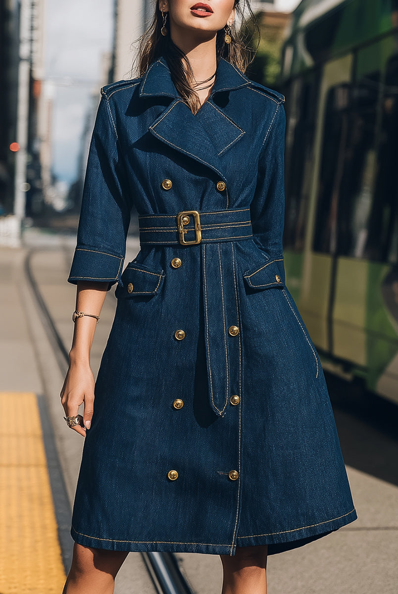 Elena | Belted Denim Trench Dress with Gold Buttons - Lumina Vancouver - Lumina Vancouver