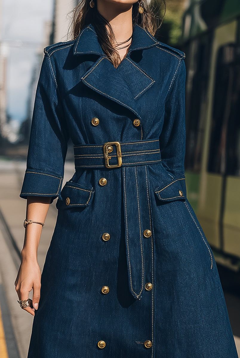 Elena | Belted Denim Trench Dress with Gold Buttons - Lumina Vancouver - Lumina Vancouver